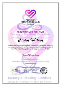Cuddle Therapy Diploma - Cuddle Professionals International: A formal certificate featuring the Cuddle Professionals International logo at the top center. The text in the center states