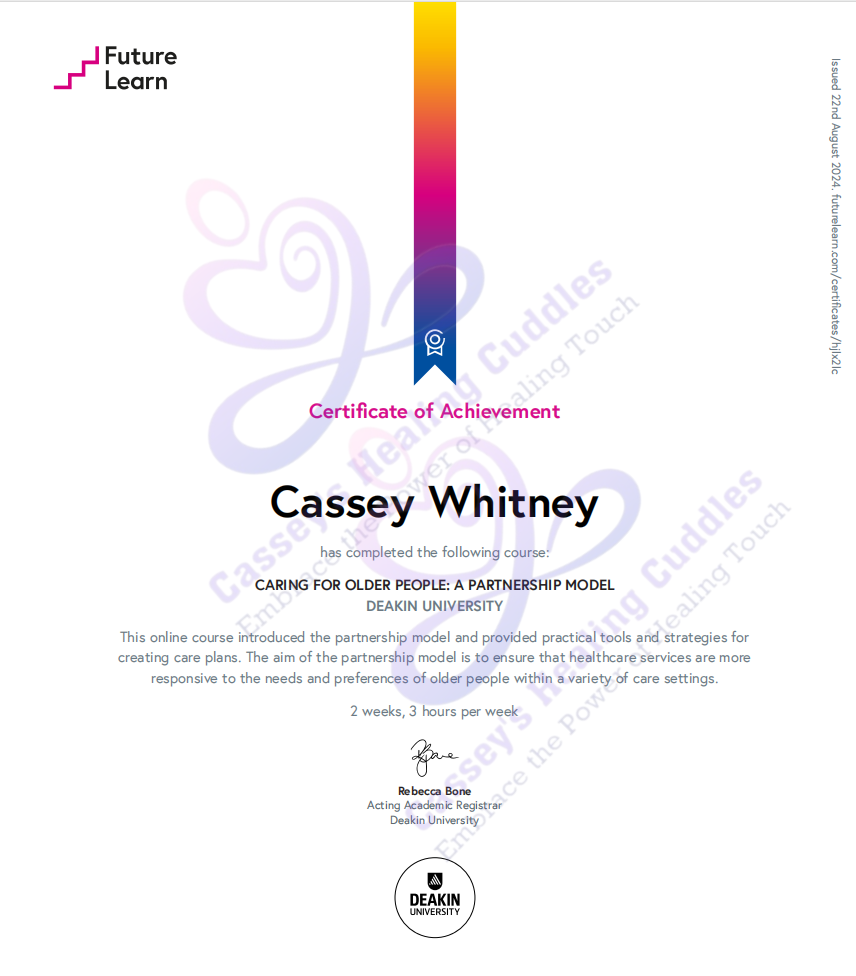 Caring for Older People: a Partnership Model - Deakin University: An academic certificate with the Deakin University logo at the top center. The text details the completion of the